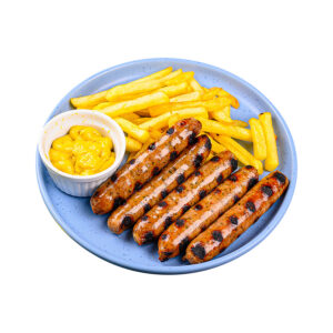 Свински наденички с пържени картофи